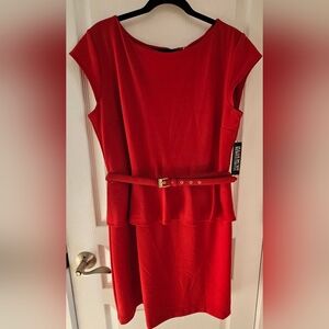 New York & Company Red Midi Dress with Belt & Ruffle